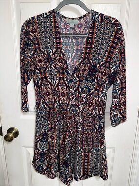 Veronica M Navy, Rust & Cream Printed Wrap Romper
